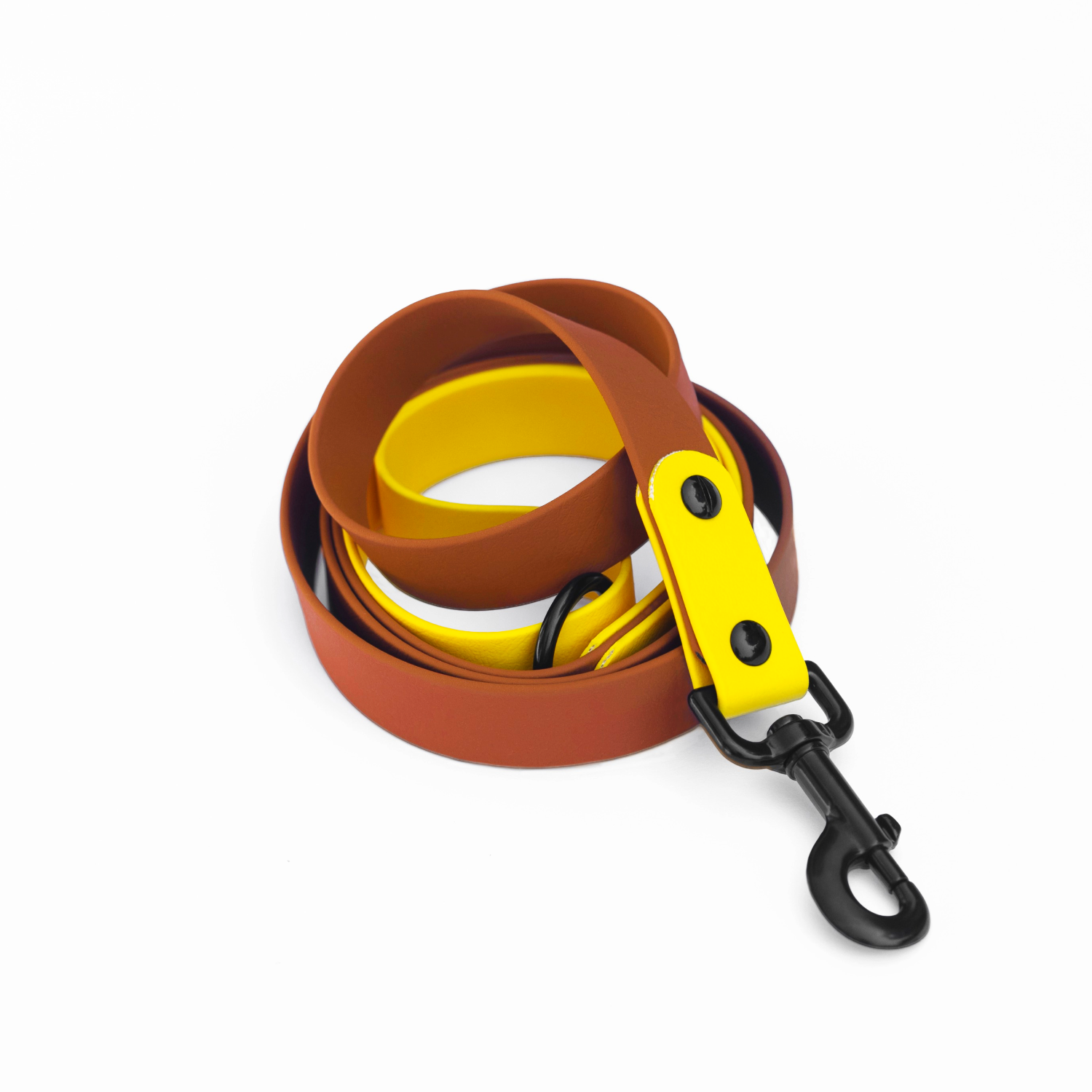 Waterproof dog leash in tan brown and yellow colour with black snap clip.