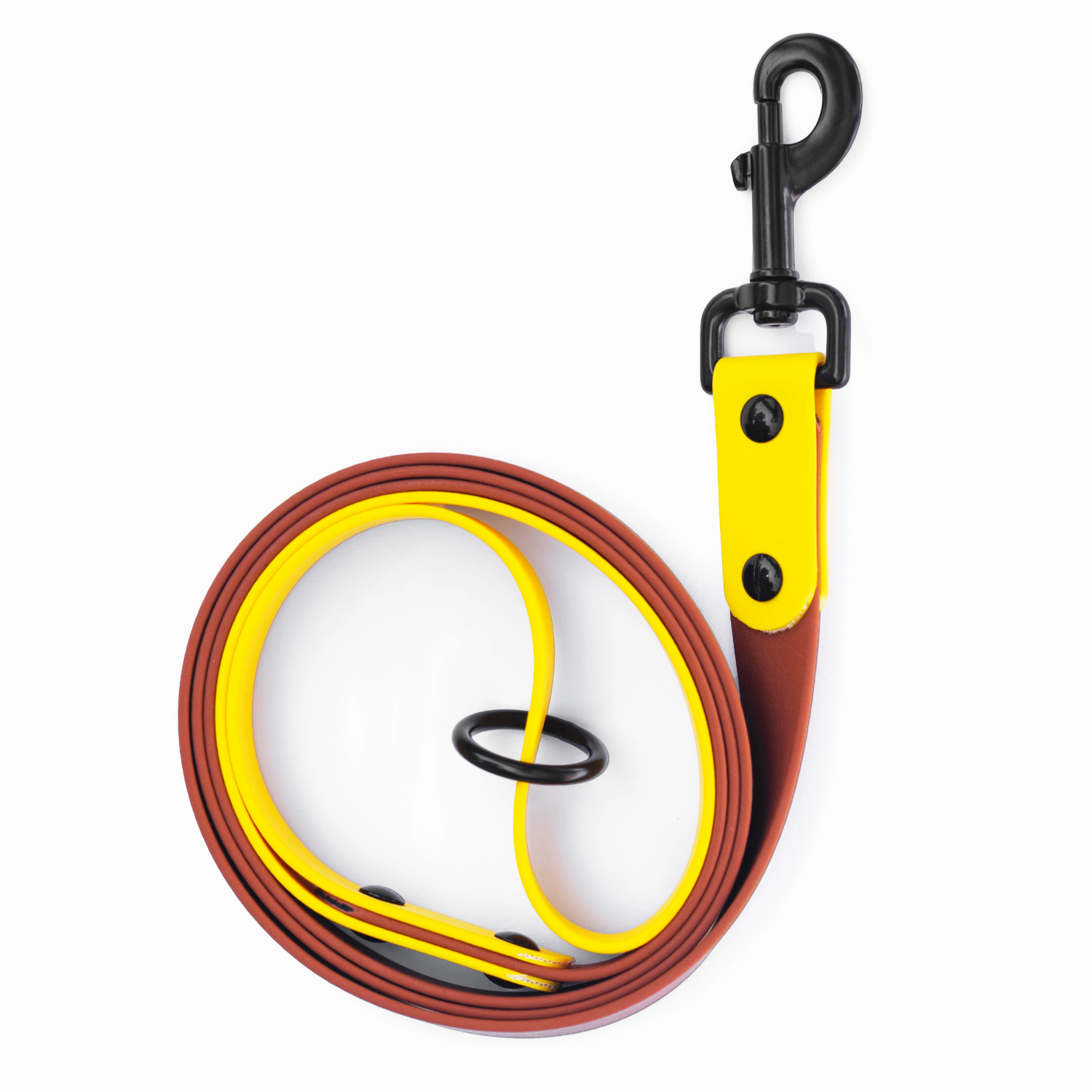 Waterproof dog leash in tan brown and yellow colour with black snap clip.