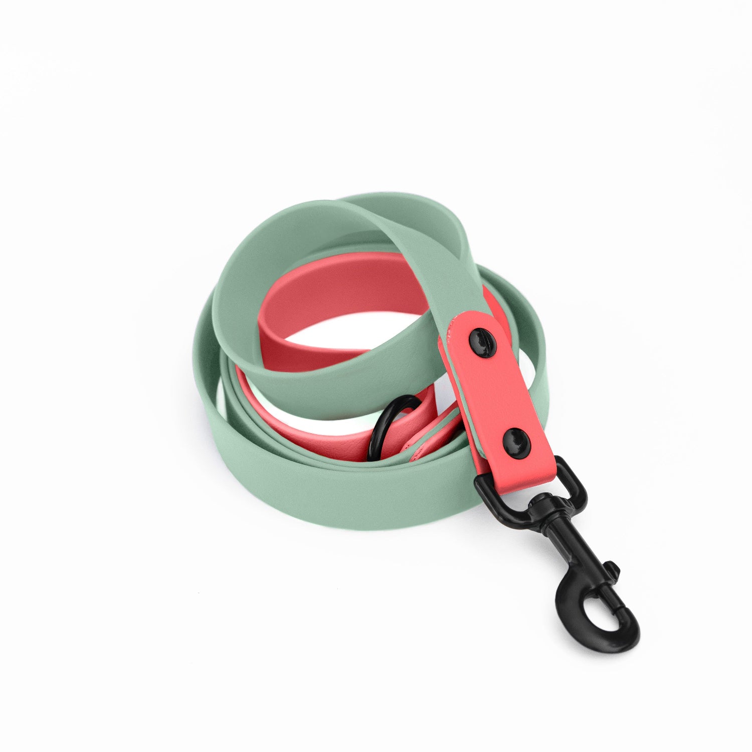 Waterproof dog leash in sage and coral colour with black snap clip