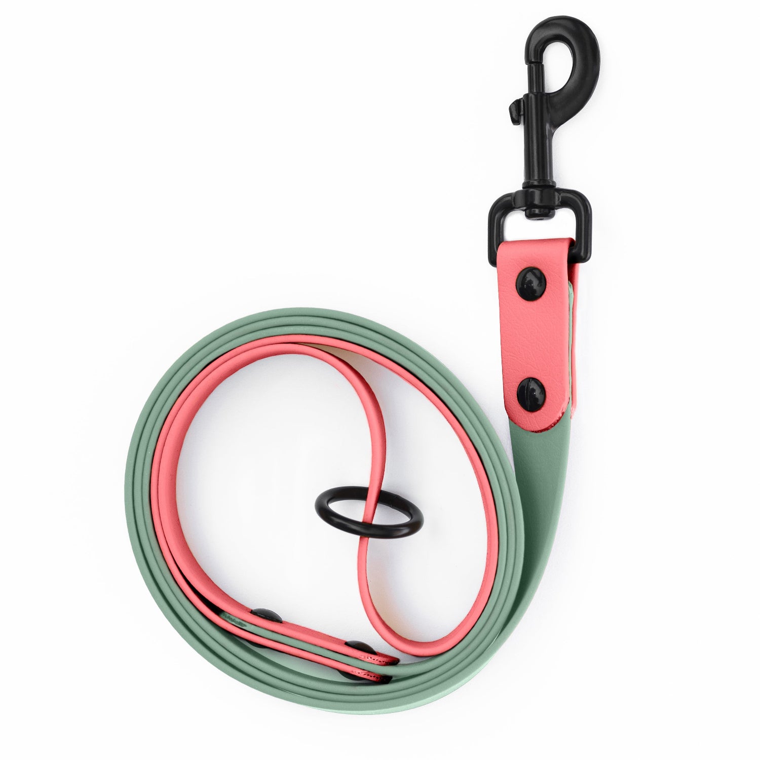 Waterproof dog leash in sage and coral colour with black snap clip