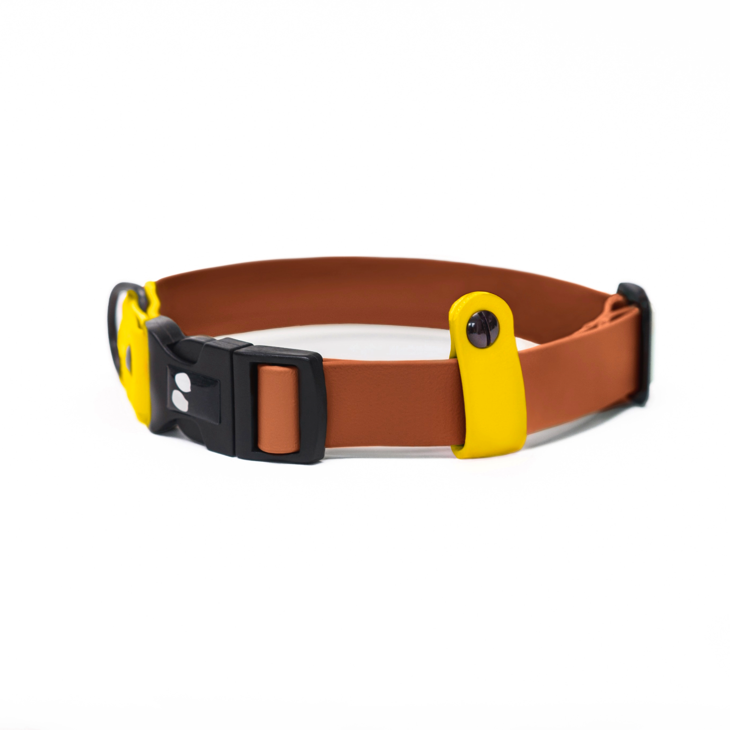 Waterproof dog collar in tan brown and yellow colour with black adjustable clip.